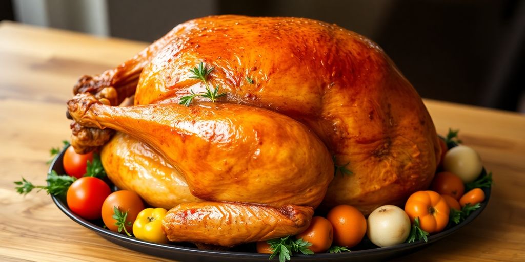 Golden roasted turkey on a wooden table with vegetables.