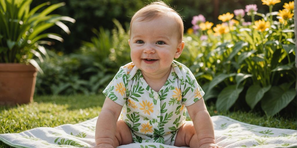 Baby in a light romper in a sunny garden