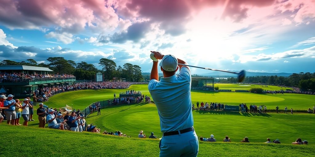 Golfer swinging on the green at the U.S. Open.