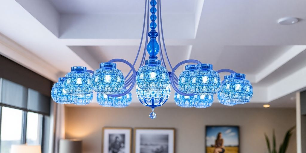Elegant blue chandelier in a modern interior setting.