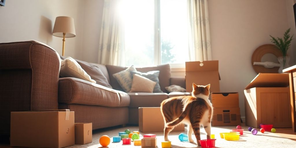 Cat exploring a cozy, sunlit living room.
