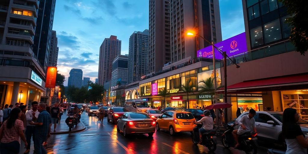 Bustling Bangkok street at dusk with tall buildings.