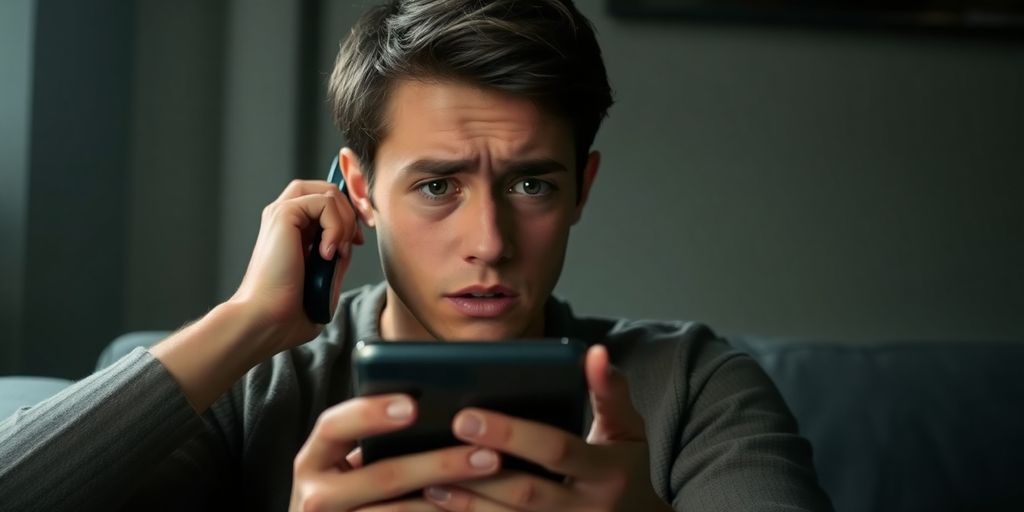 Person looking worriedly at phone in dim light.