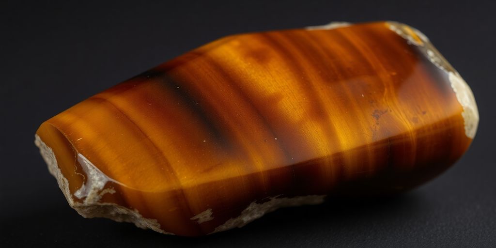 Cristallo di occhio di tigre lucido su sfondo scuro.