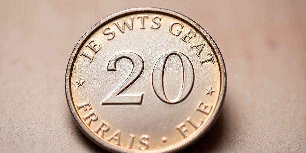 Pièce de 20 francs suisses en gros plan.