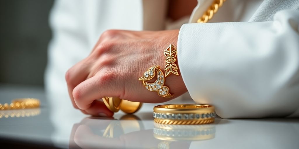 Bijoux en or masculins en gros plan sur fond flou.