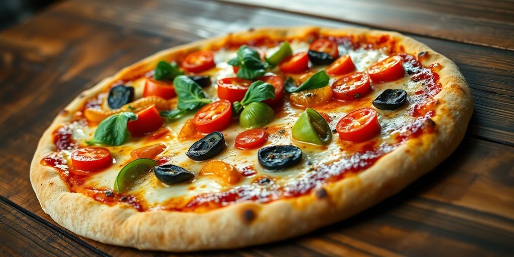 Close-up of a delicious pizza with fresh toppings.