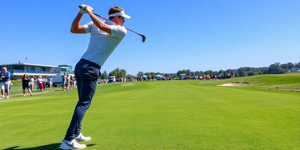 Golfer swinging on a sunny golf course.