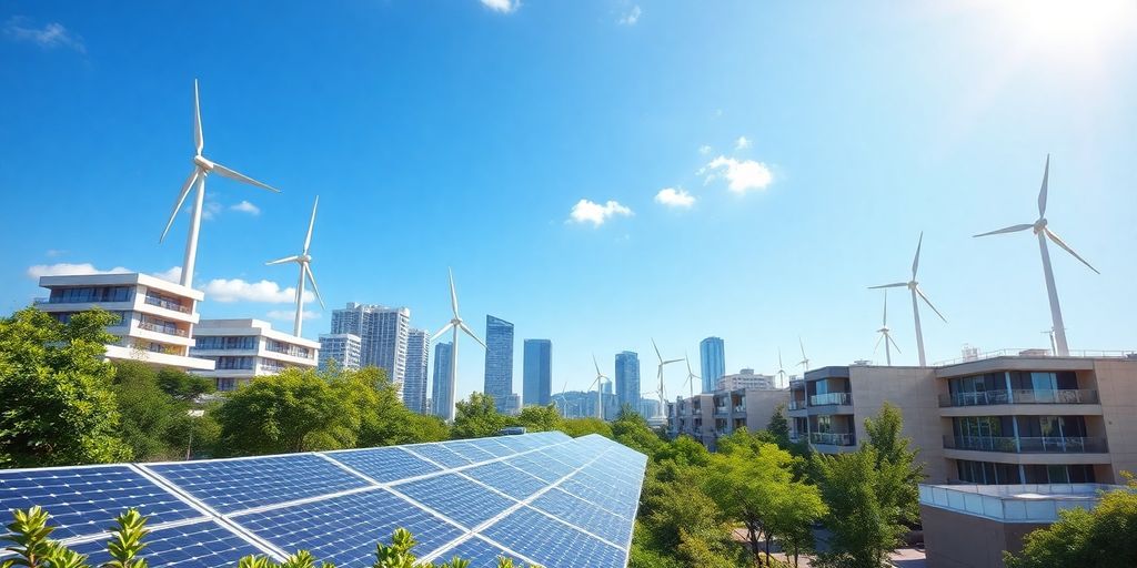 Stadslandschap met zonnepanelen en windturbines voor duurzaamheid.