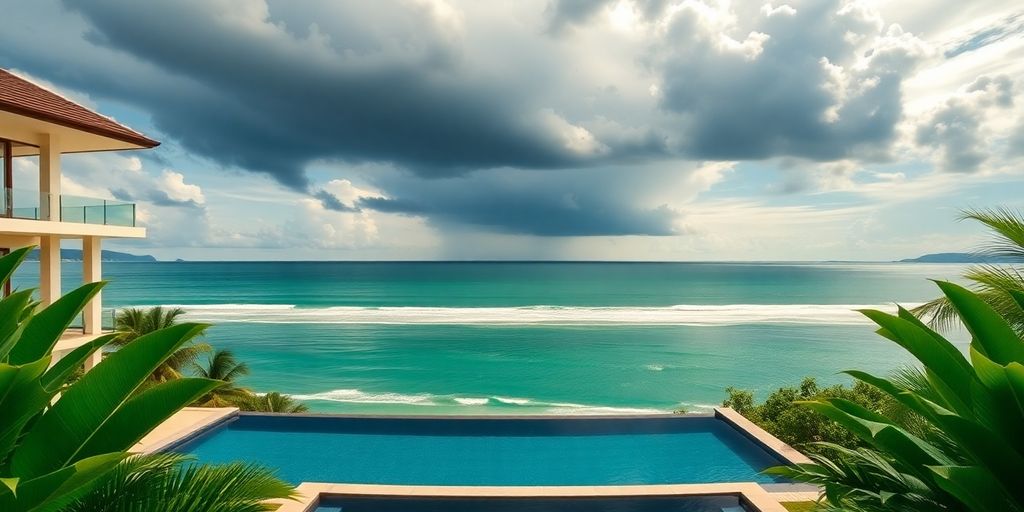 Luxury villa, stormy sky, sunny beach, Phuket coastline.