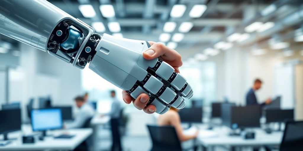 Robots working with people, a handshake.