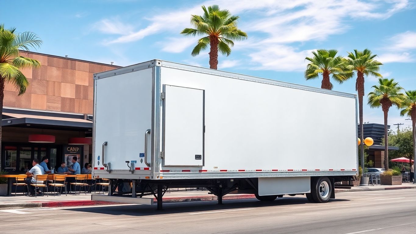 Refrigerated container truck parked outside LA restaurant.
