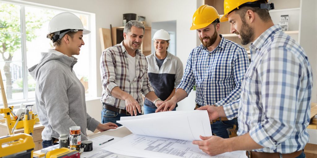 Professionals discussing house remodeling plans together.