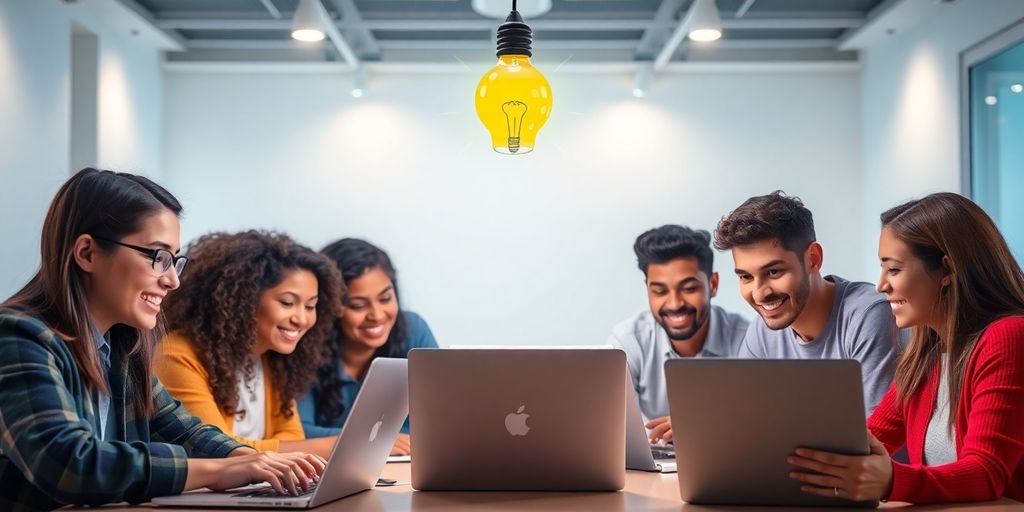 Diverse students collaborating on AI projects in a bright setting.