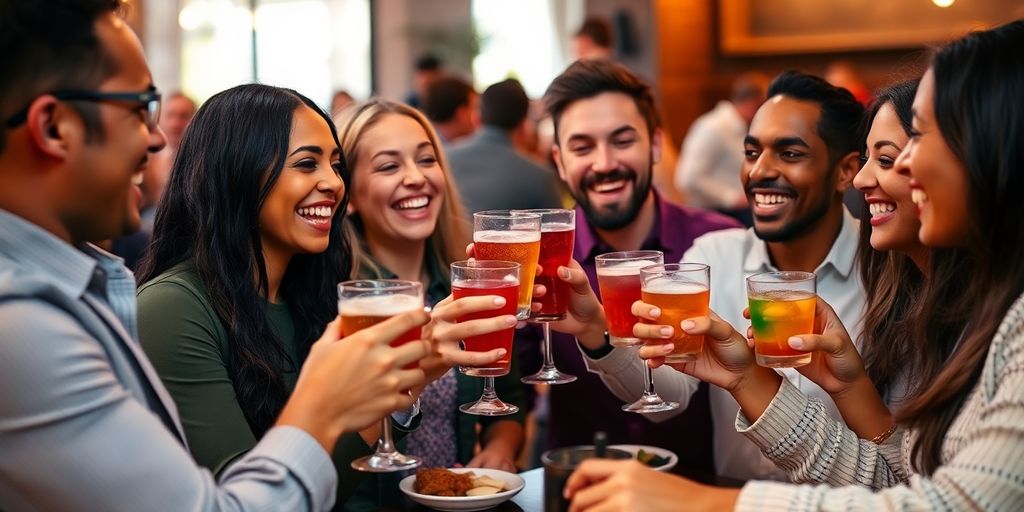 Diverse colleagues enjoying drinks, appetizers at lively happy hour.