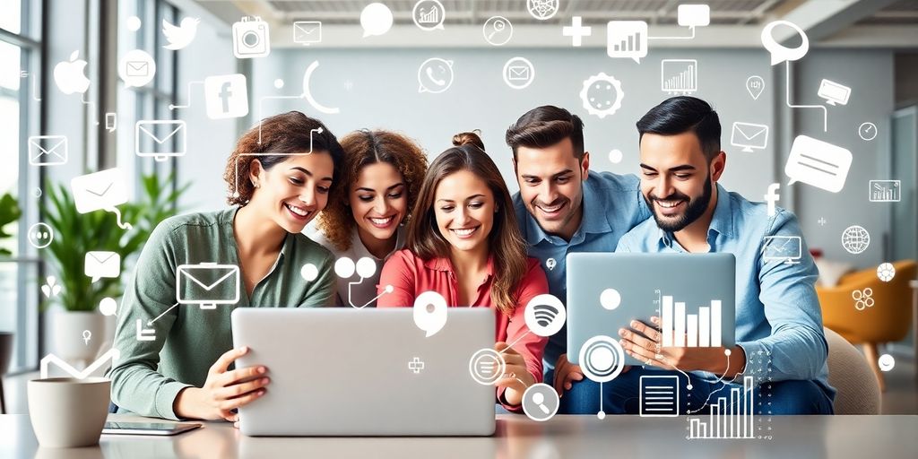 Professionals collaborating on online marketing strategies in a vibrant setting.