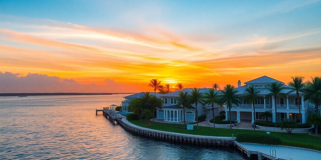 Luxurious Palm Beach waterfront properties at sunset.