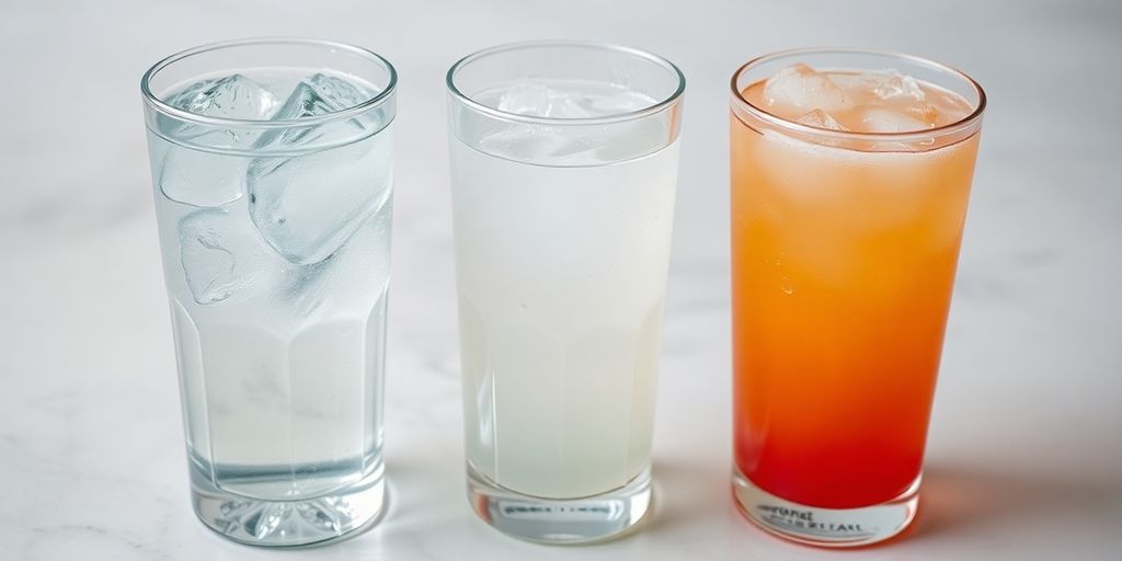 Glass of water, coconut water, and sports drink.