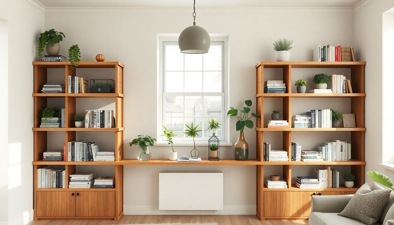 Realistic wooden shelving units in a London apartment.