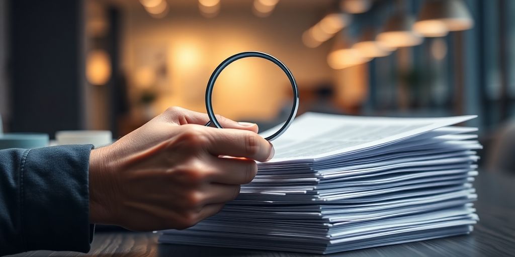Person reviewing policy documents with a magnifying glass