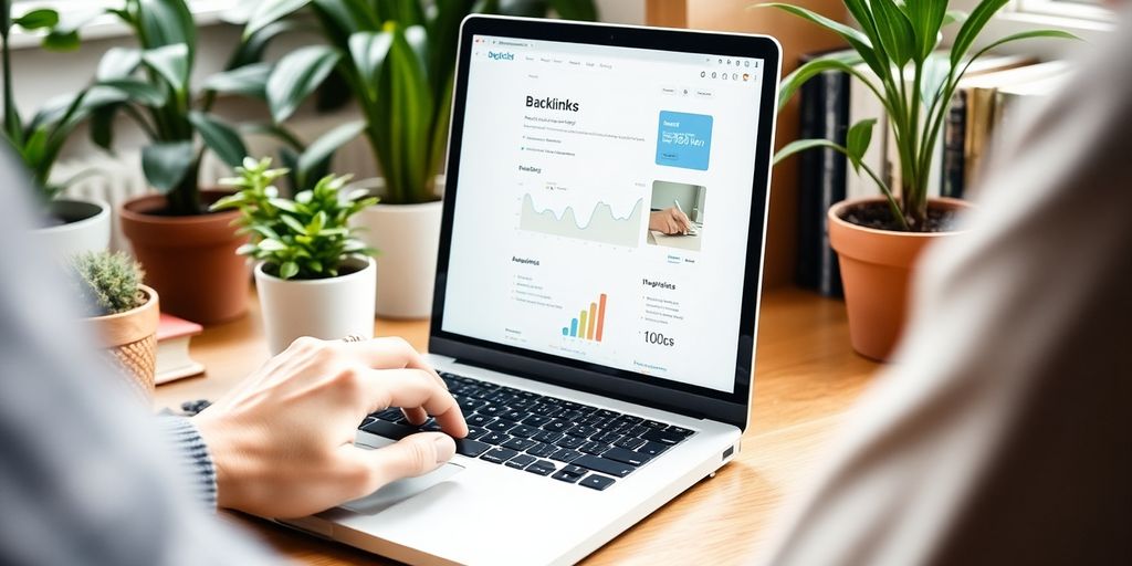 Person working on laptop in a cozy workspace.