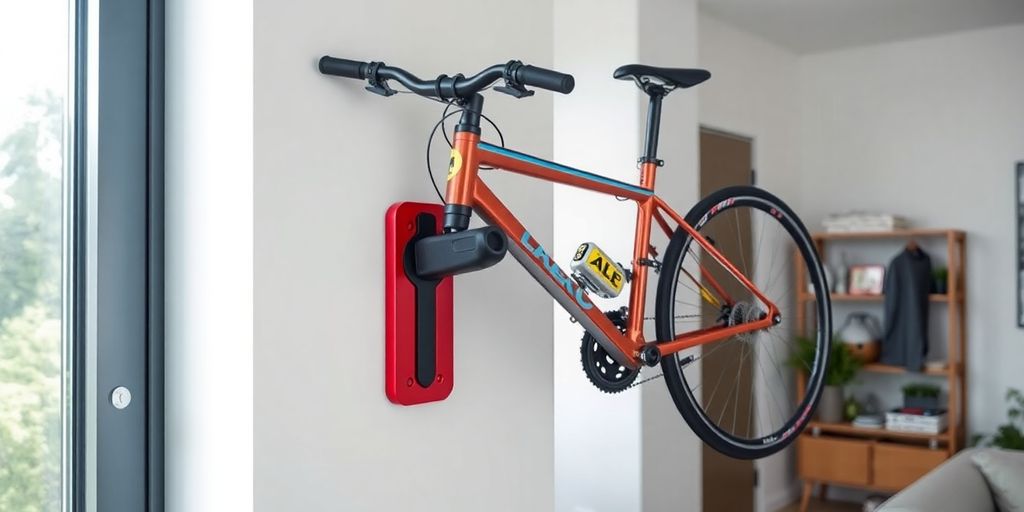 Bicycle wall clip holding a bike on a wall.