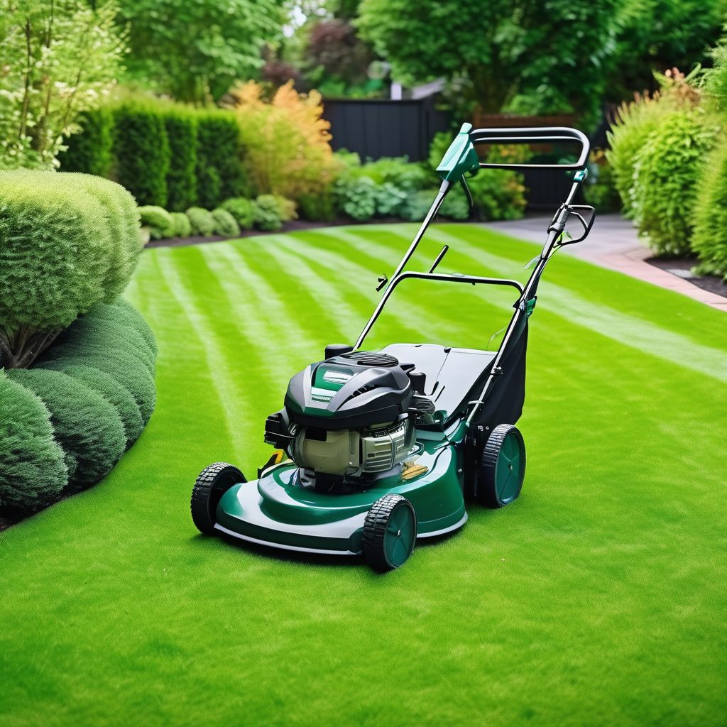 professional lawn care service in action, grass trimming, landscaped garden