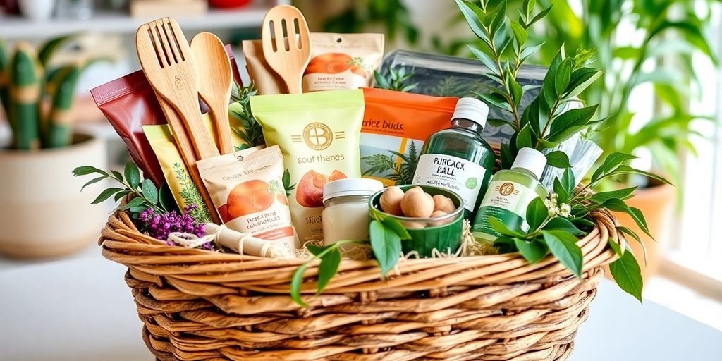 Eco-friendly gift basket with organic snacks and bamboo utensils.