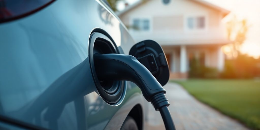 An electric car charging at a home.