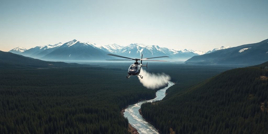 A helicopter spraying over a vast Alaskan mountain range.