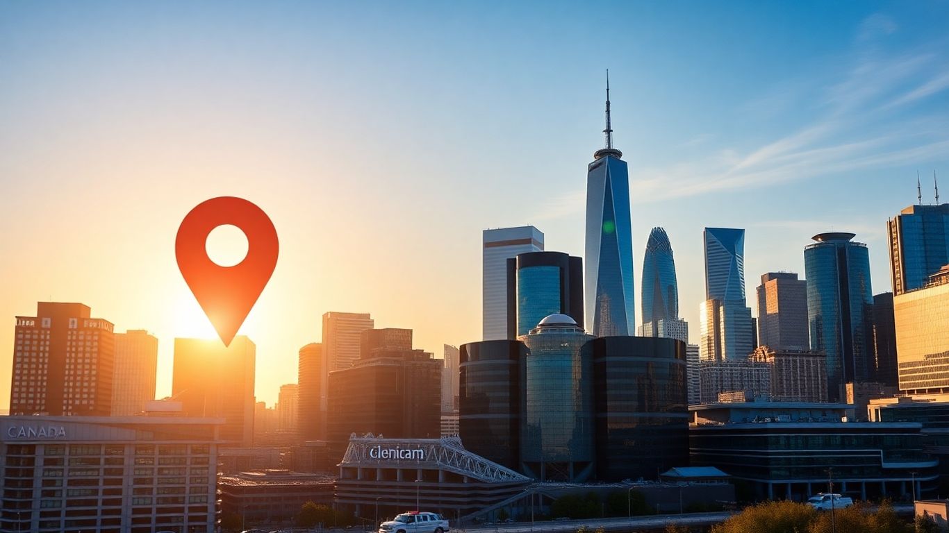 Ciudad canadiense con pin de Google Maps