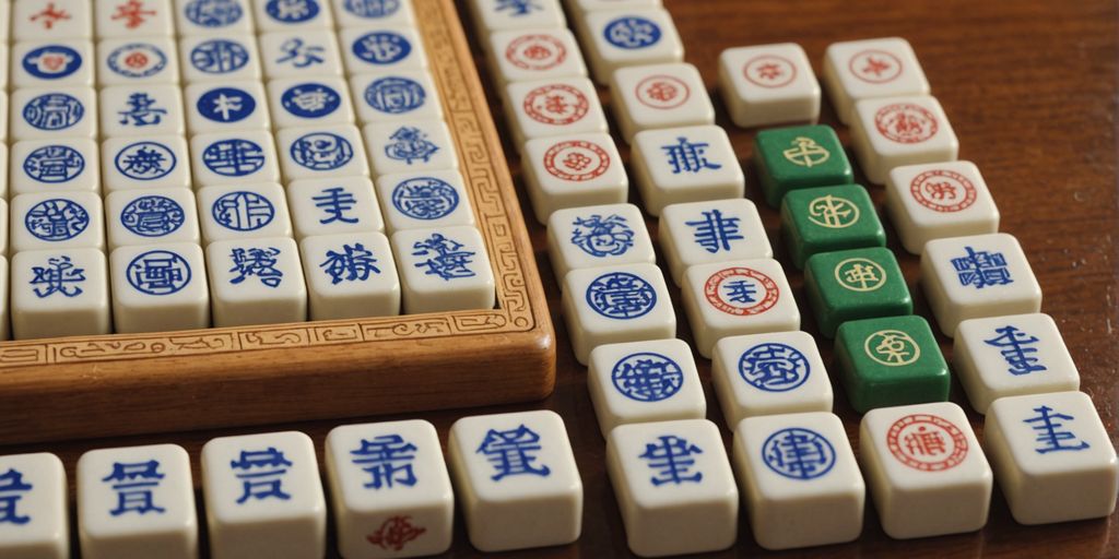 Mahjong tiles with intricate designs on a wooden table