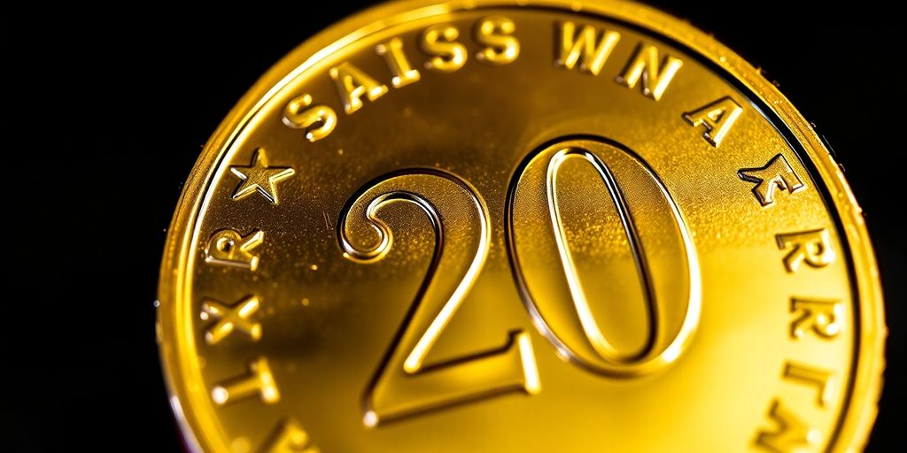 Pièce d'or 20 francs suisses en gros plan.