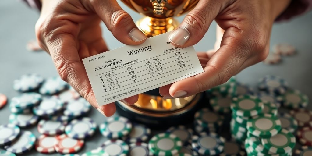 Winning sports bet with chips and trophy.