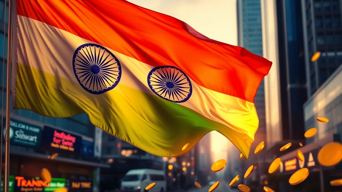 Indian flag with golden coins and abstract market movement.