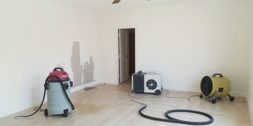 Room undergoing water damage repair with restoration tools present.