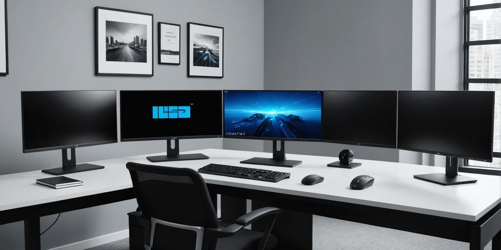 Modern office with wired computer system and multiple monitors.