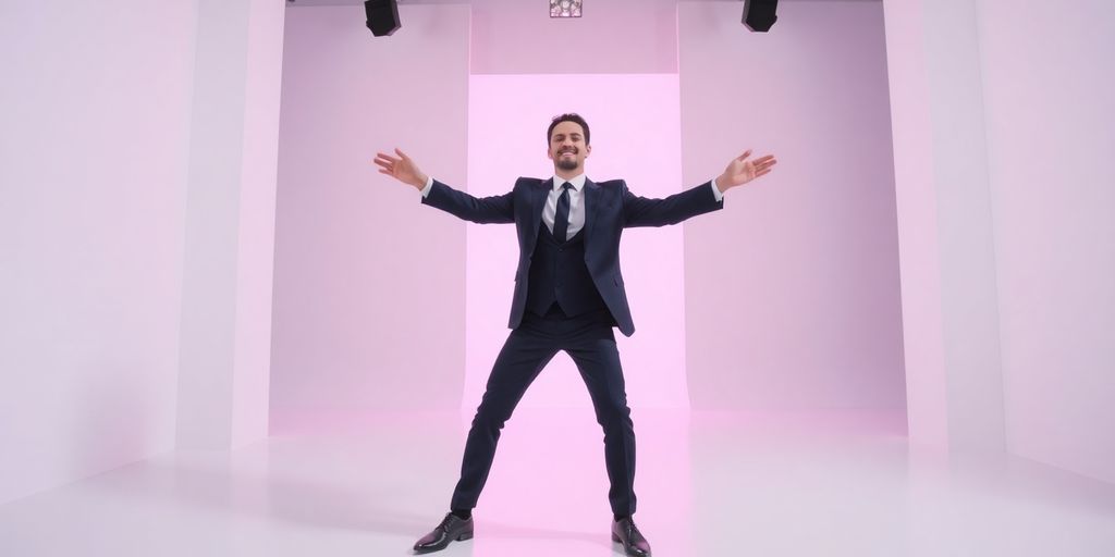 A man in a suit spins like a helicopter.
