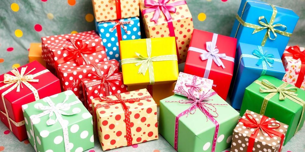 Colorful uniquely wrapped gifts on a festive background.