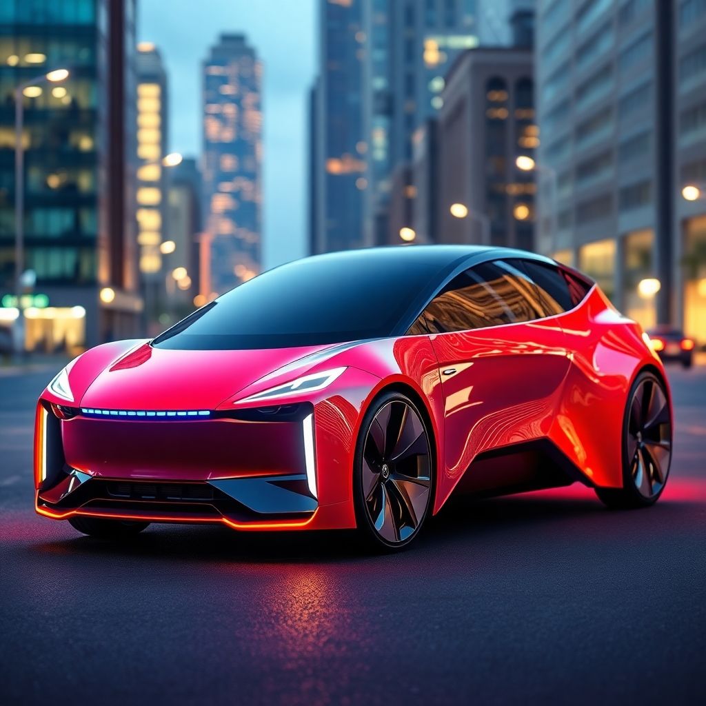 Futuristic electric car design in an urban setting.