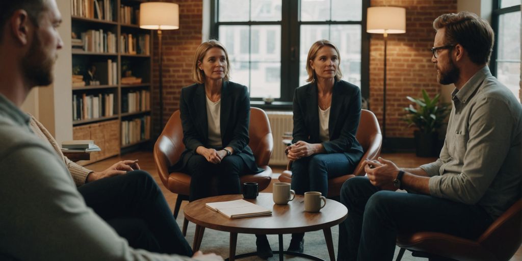 Couple discussing issues with therapist in comfortable office