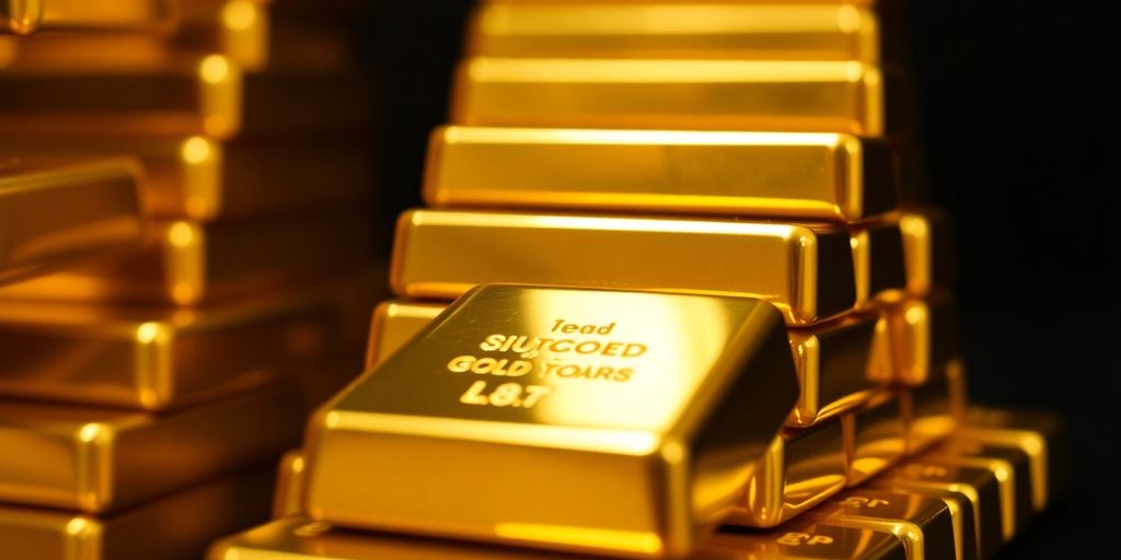 Barres d'or empilées sur un fond sombre.