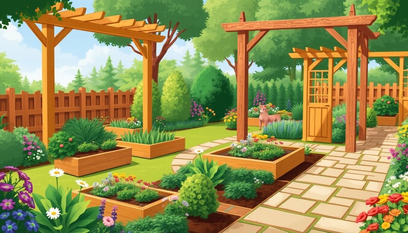Beautiful garden with wooden structures and lush greenery.