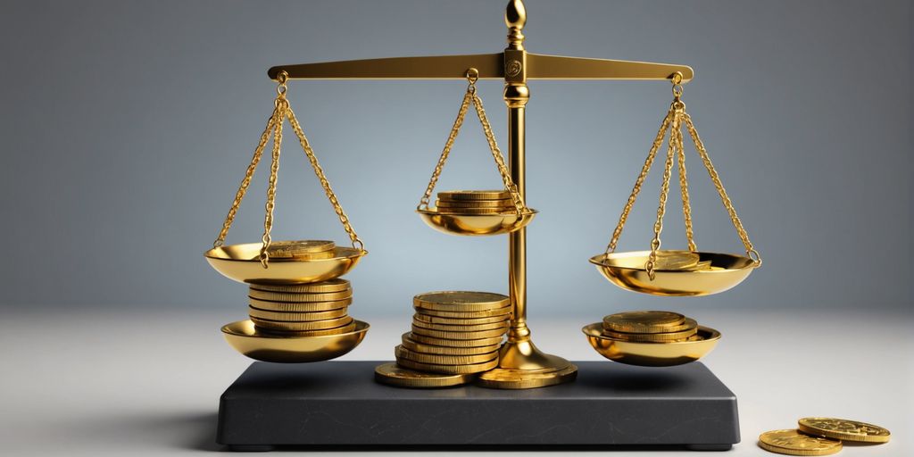 Scale balancing gold bars and coins