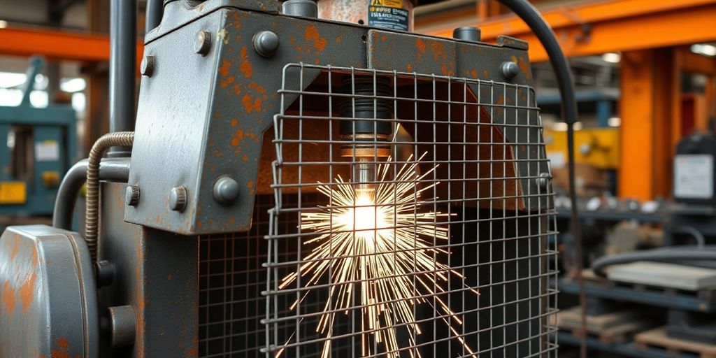 Wire mesh welding machine in action.