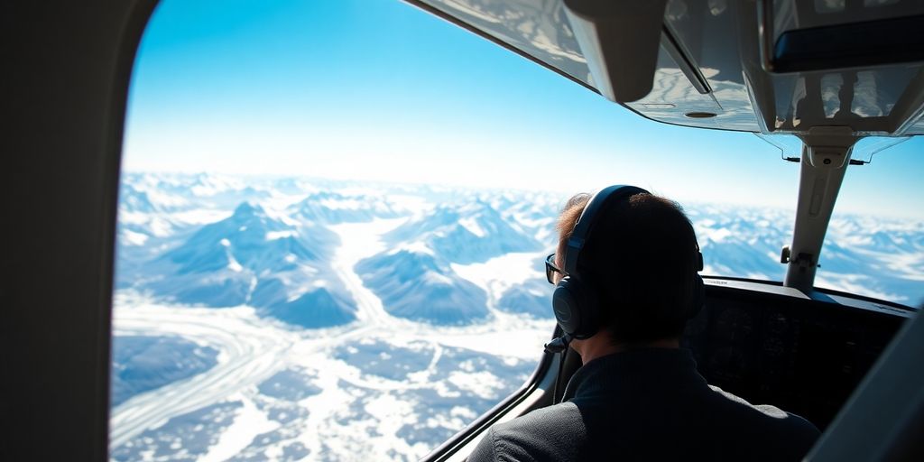 Pilot in cockpit flying over snow-covered Alaskan mountain ranges.