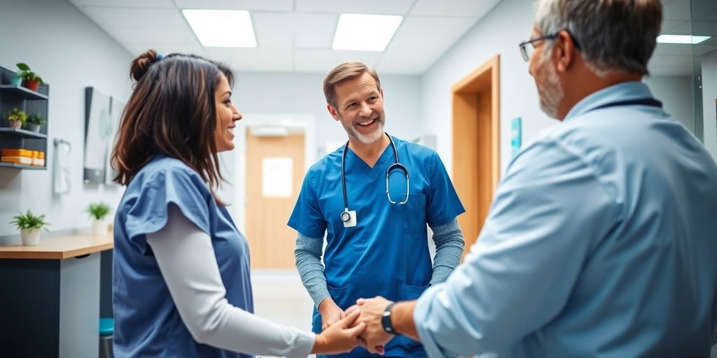 Profissional de saúde conversando com paciente na clínica.