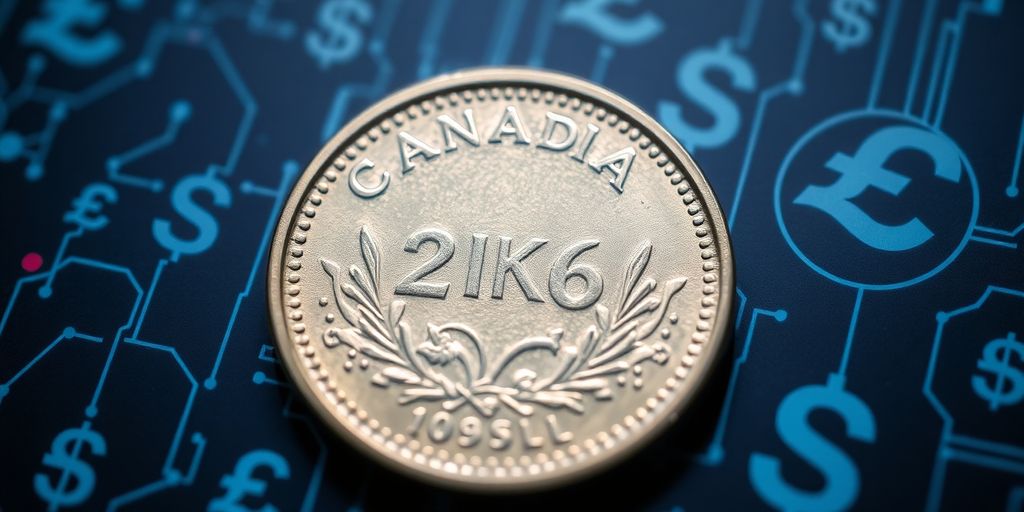 Canadian dollar coin with digital currency symbols around it.