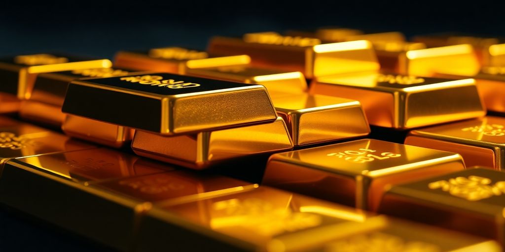 Briques d'or empilées sur fond sombre.