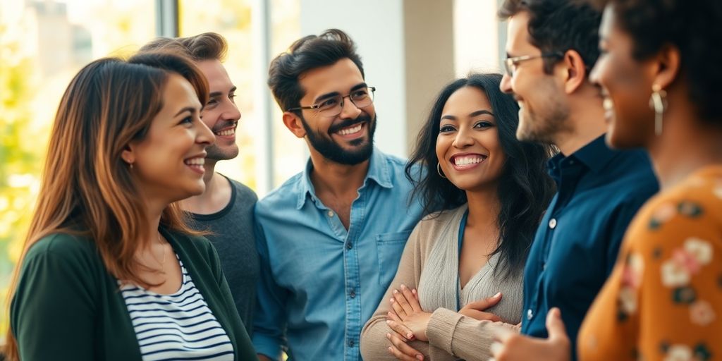 People connecting and smiling in a warm, inviting environment.